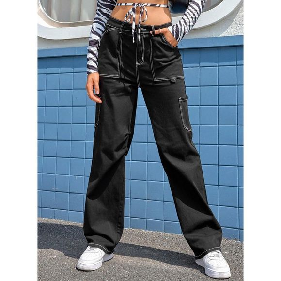 Azura Exchange  Black High Waist Straight Leg Cargo Pants with Pockets - Picture 5 of 15